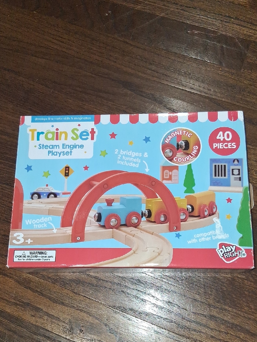 Train Set Steam Engine Playset - Red/Blue/Yellow Wooden Track